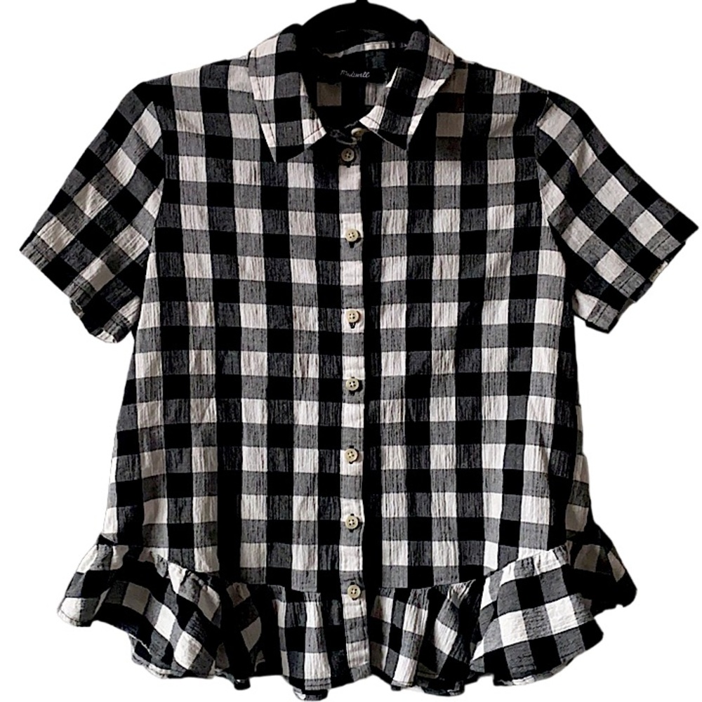 Madewell Buffalo check ruffle hem button down top size medium